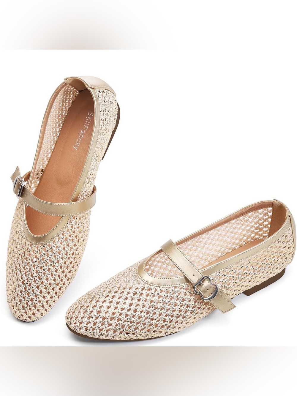 Woven Mary Jane Flats in Metallic Champagne